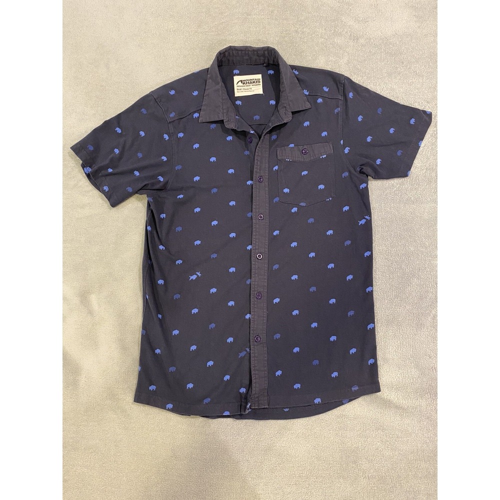 Mountain Khakis Men's Navy Blue Short Sleeve Button Up Shirt Small Bison Buffalo